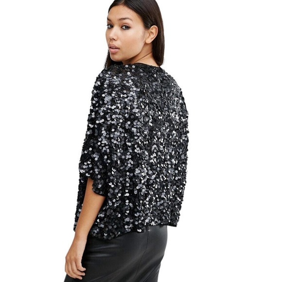 ASOS Sequin Top Jacket Women Size 2 Disc Embellished Black Short Sleeve Party - Picture 8 of 16